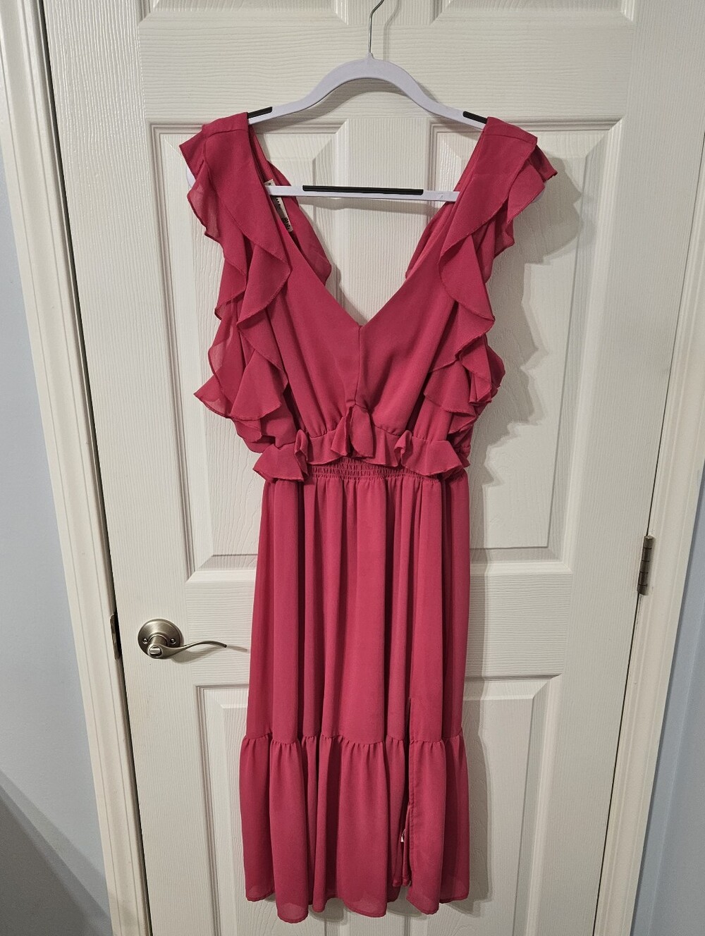 Black Tape Women's Ruffled V-Neck Hot Pink Dress